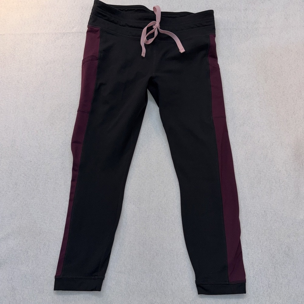 Large Powerhold by Fabletics compression ankle pants Black With Maroon Stripes